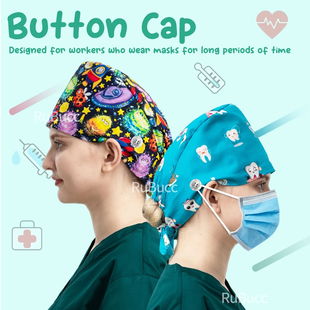 Nurse Accessories Medical Scrub Hat with Sweatband Adjustable Hats Head Cover for Women and Men Pet Vet Surgery Caps with Button