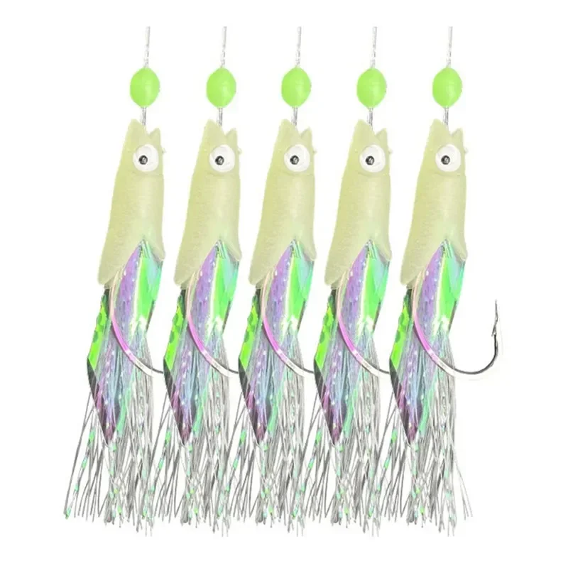 Cebo Artificial láser de piel de pescado, anzuelo de caballa española, aparejo de pesca luminoso, anzuelo de cuerda para pesca en el mar, 5 uds.
