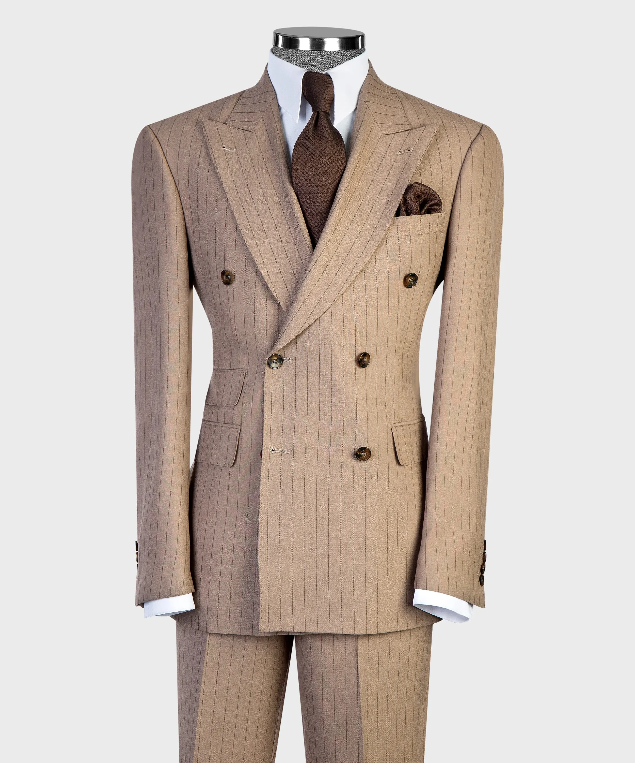 Pinstripe Men 2 Piece Suit Double Breasted Peak Lapel Jacket Pants Set Formal Wedding Groom Business Office Slim Fit Customized