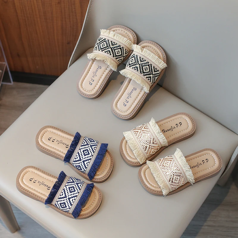 Children Summer Slippers Chinese Ethnic Style Girls Princess Flats Sandals Linen Weaving Unique Fashion Kids Outdoor Beach Shoes