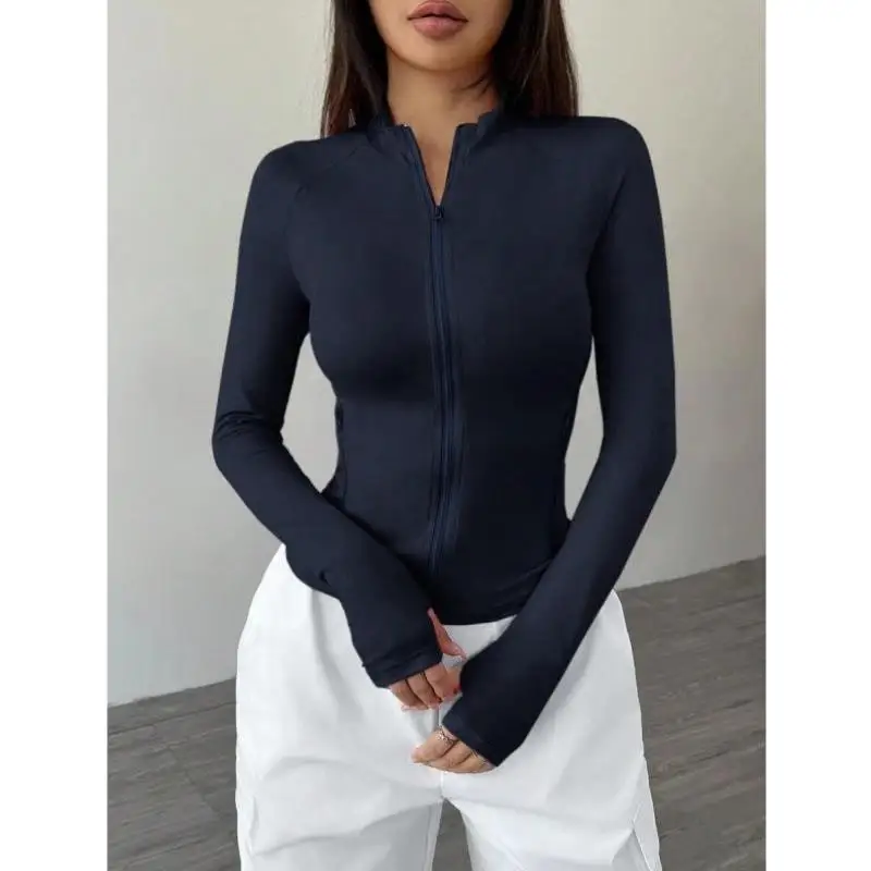 

New Pure Color Long Sve Zipper Collar Casual Jaet for Women Comfortable Fit Sle V-Ne ort Length Other Material 00%