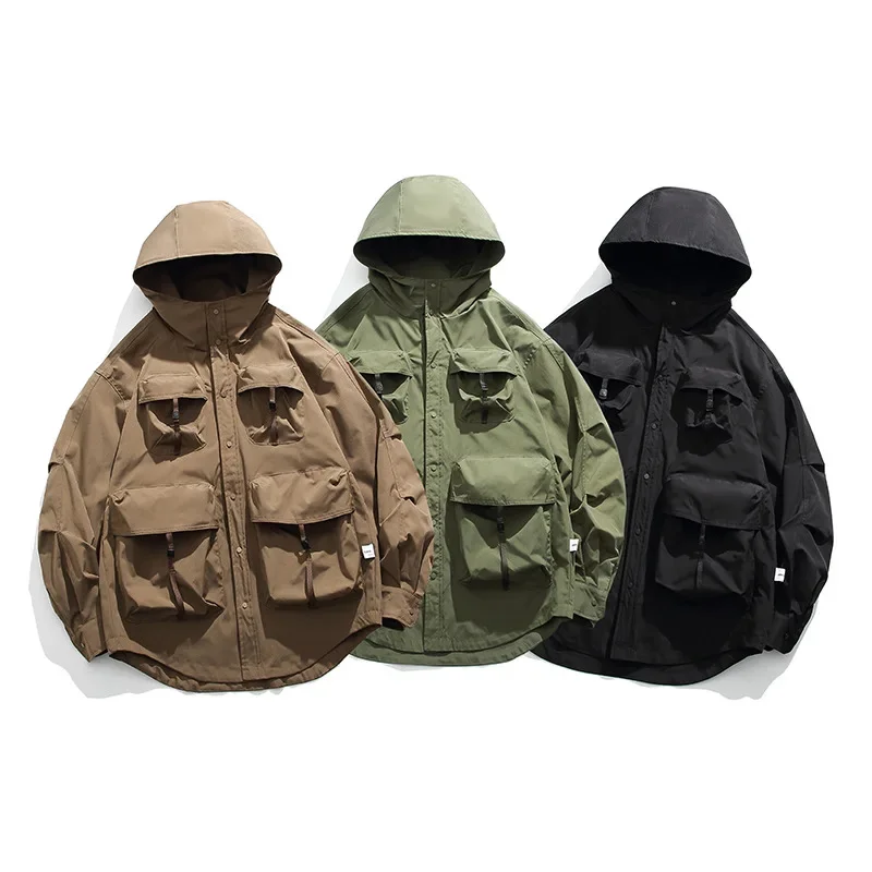 

Spring Autumn Hooded Jacket Japanese Workwear Large Pocket Stormsuit Outdoor Tooling Camping Riding Travel Fishing Sports Blazer