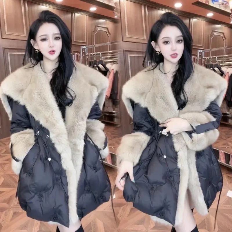 High Quality |New fashion hooded down for women with big fur collar mid-length coat