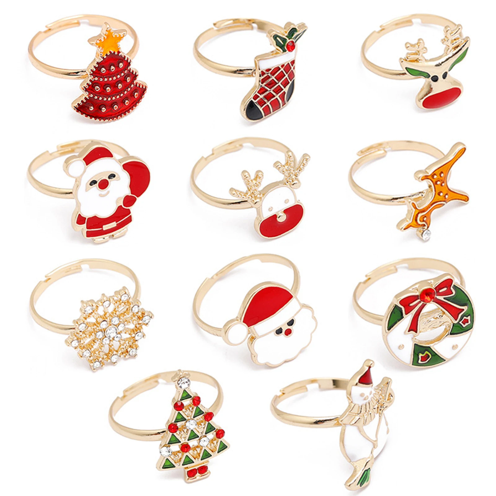 1 PC Christmas Open Rings Gold Color Multicolor Enamel Rings Santa Claus Christmas Tree Fashion Jewelry 16mm(US size 5.25)