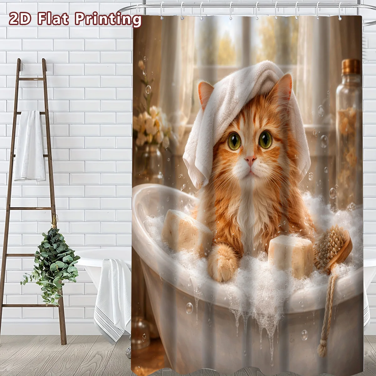 2D Flat, 1pc 2D Flat Bathing Ginger Cat Shower Curtain, Bathroom Decor, Multi-Size Options (80X180Cm, 120X180Cm, 150X180Cm, 180X view 4