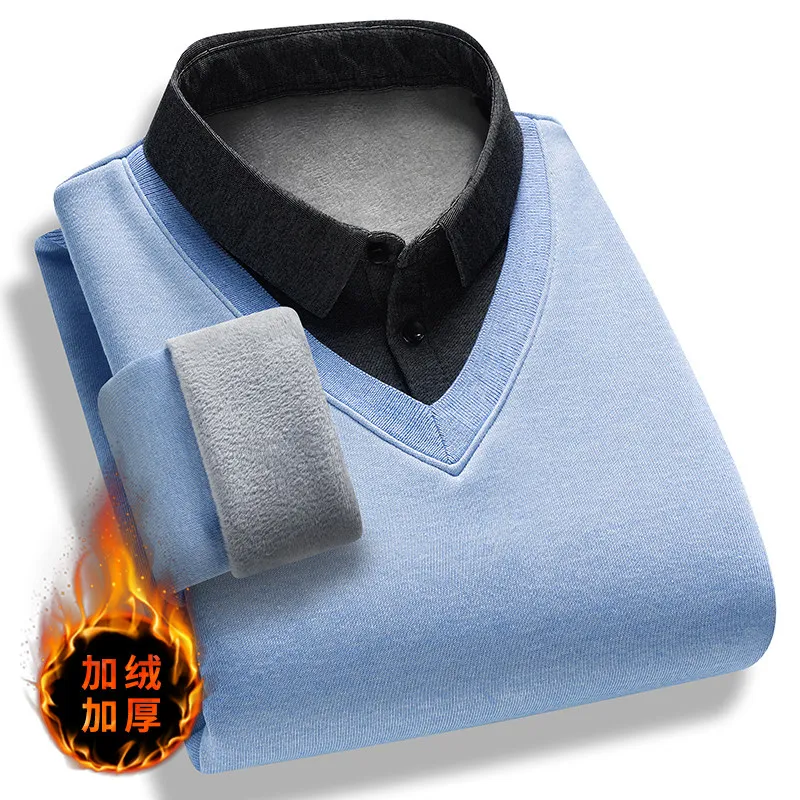 

Большой мужской свитер, осень-зима, новые вязаные пуловеры с рукавами, мужские искусственные пуловеры из двух предметов, толстая бархатная теплая рубашка, нижняя мужская одежда