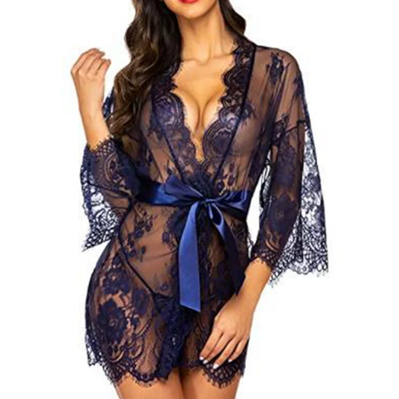 Sexy lingerie feminina vestido de noite de renda sleepwear nightgown bandagem v profundo g-string ver através sexy vestido de sono puro robe