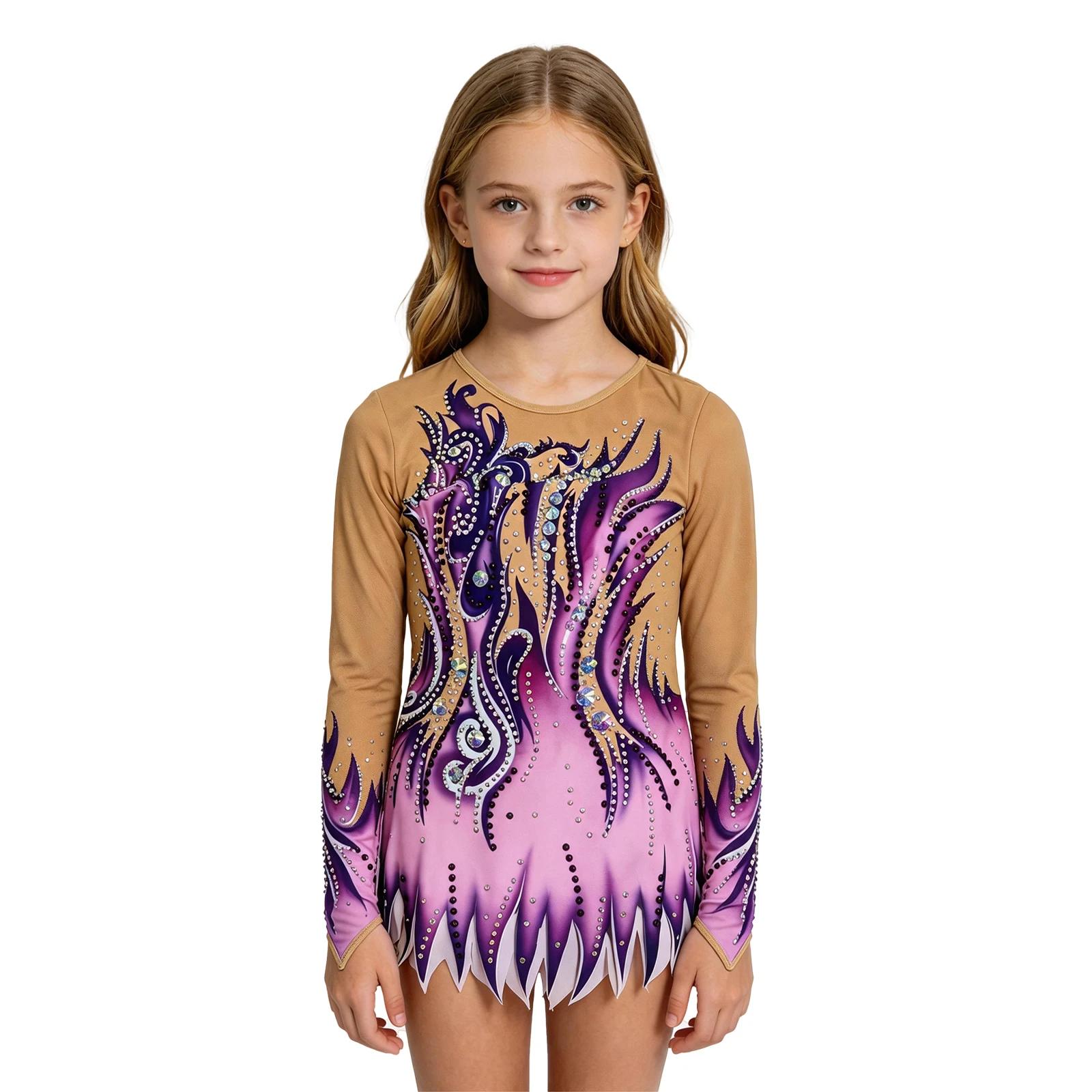 

Purple Pink Gradient Rhythmic Gymnastics Leotard with Sparkly Rhinestones Long Sleeve for Girls Competition Dance Performance