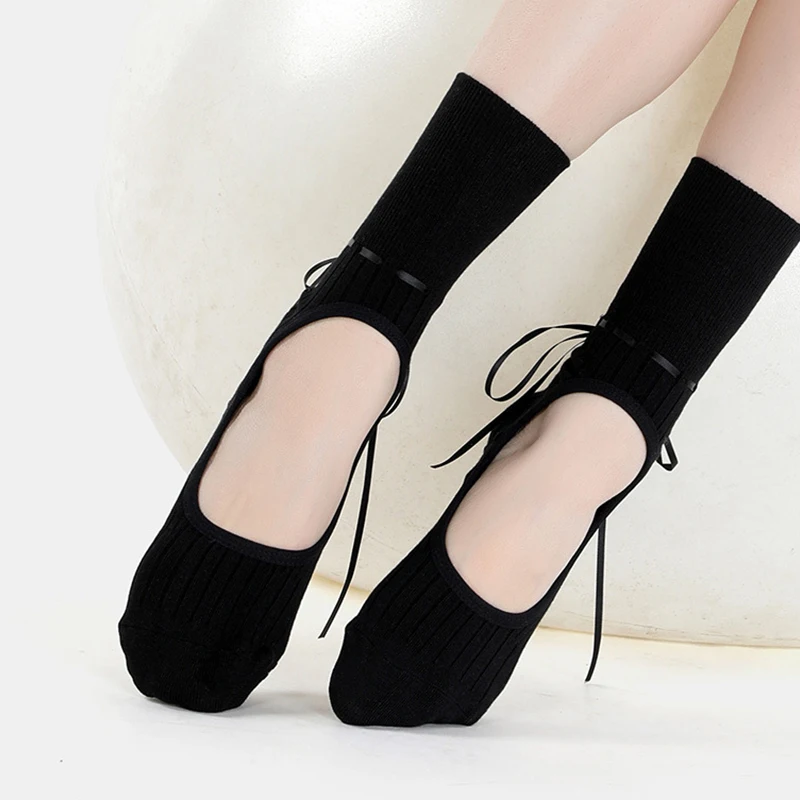 Women Yoga Socks Non-Slip Ballet Dance Fitness Pilates Workout   Socks Personality Drawstring Ribbon Lace-up Socks