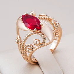 Kinel Hot Shiny Red Natural Zircon Ethnic Bride Ring for Women Fashion 585 Rose Gold Color High Quality Daily Fine Retro Jewelry
