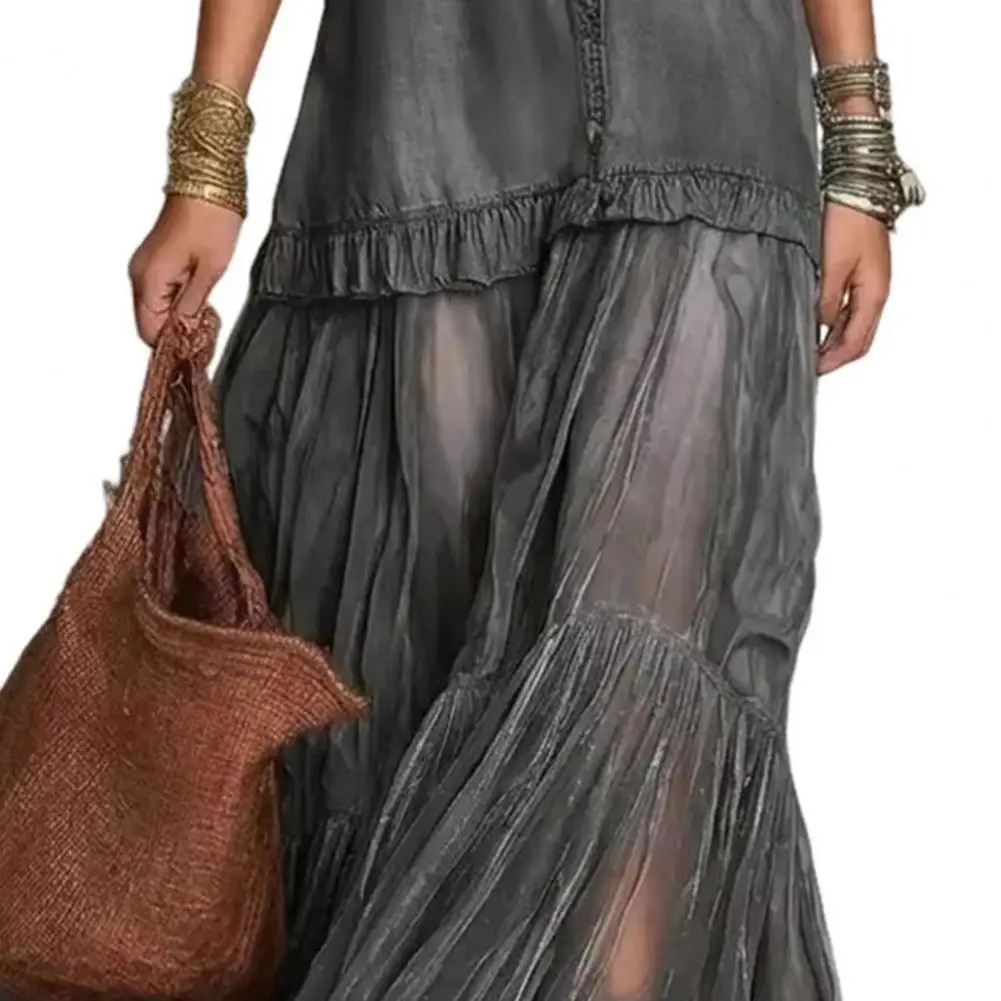 

Stylish Women Sundress Faux Denim Shirt Dress Long Sleeve Mesh Patchwork Maxi Dress Button Down Ruffle Sheer Long Dress