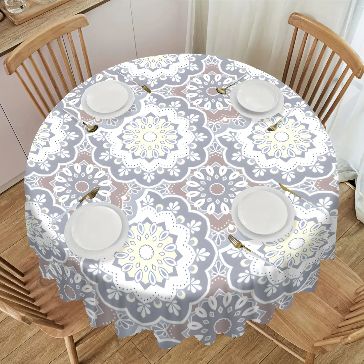 One polyester fabric, with a complex floral pattern decorated digital printed tablecloth.