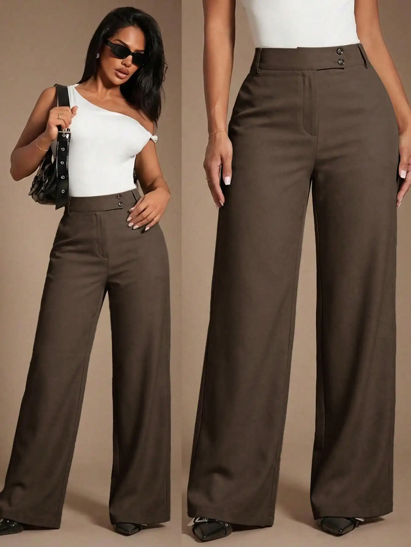 Radiana Women High Waist Relaxed Fit Wide Leg Elegant Pants With Button Detail Brown