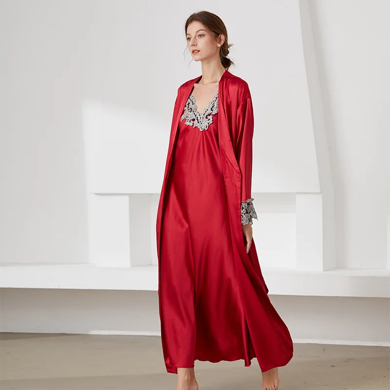 

Women's Autumn Winter Mid-Length Slip Dress Coat Two-Piece Set Imitation Silk Sexy Comfortable Pajamas Loungewear Set