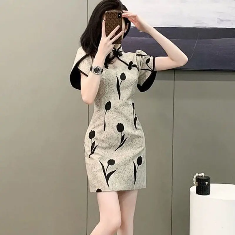 

New Chinese National Style Printed Dress 2024 Summer National Style Retro-improved Cheongsam Slim Ladies' Temperament Dress