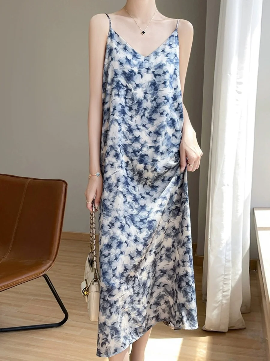 Ele Water-Media Print Sari Gown Women's Summer Acetate Satin Drapey Loose Slimming A-Line Dr Commute Simple Sle