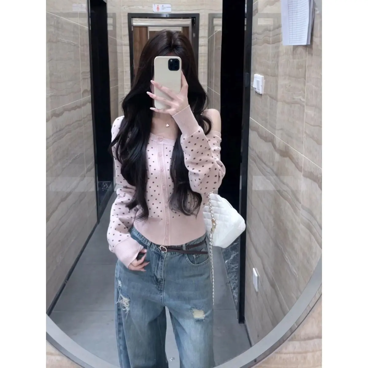 Autumn Kawaii Sweaters Knitted Slim Fit Long Sleeve Women Casual Pullovers Vintage Dot Pattern Pure Clolr  Korea Cute Style Tops