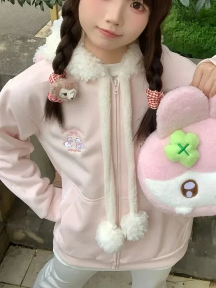 Harajuku الحلو Kawaii معطف فضفاض كم طويل مع مقنع المرأة اليابانية لطيف سستة بلوزات عادية Y2k سترة معطف أنيق