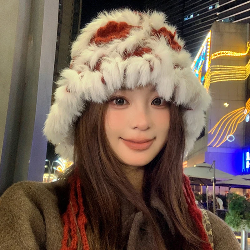 

Retro Chinese Style Rabbit Hair Lion Caps Autumn Winter Travel Warm Versatile Personality Fringed Straps Knit Bucket Hats Women