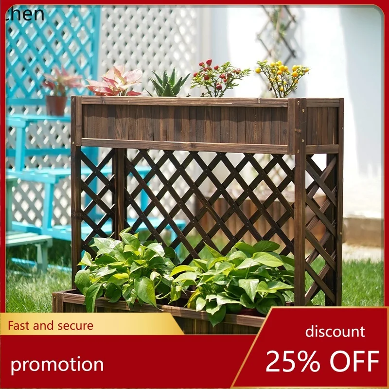 ZMLPartition Solid Wood Climbing Vine Flower Box Carbonized Wood Flower Stand Outdoor Planting Box Double-Layer Flower Pot Stand
