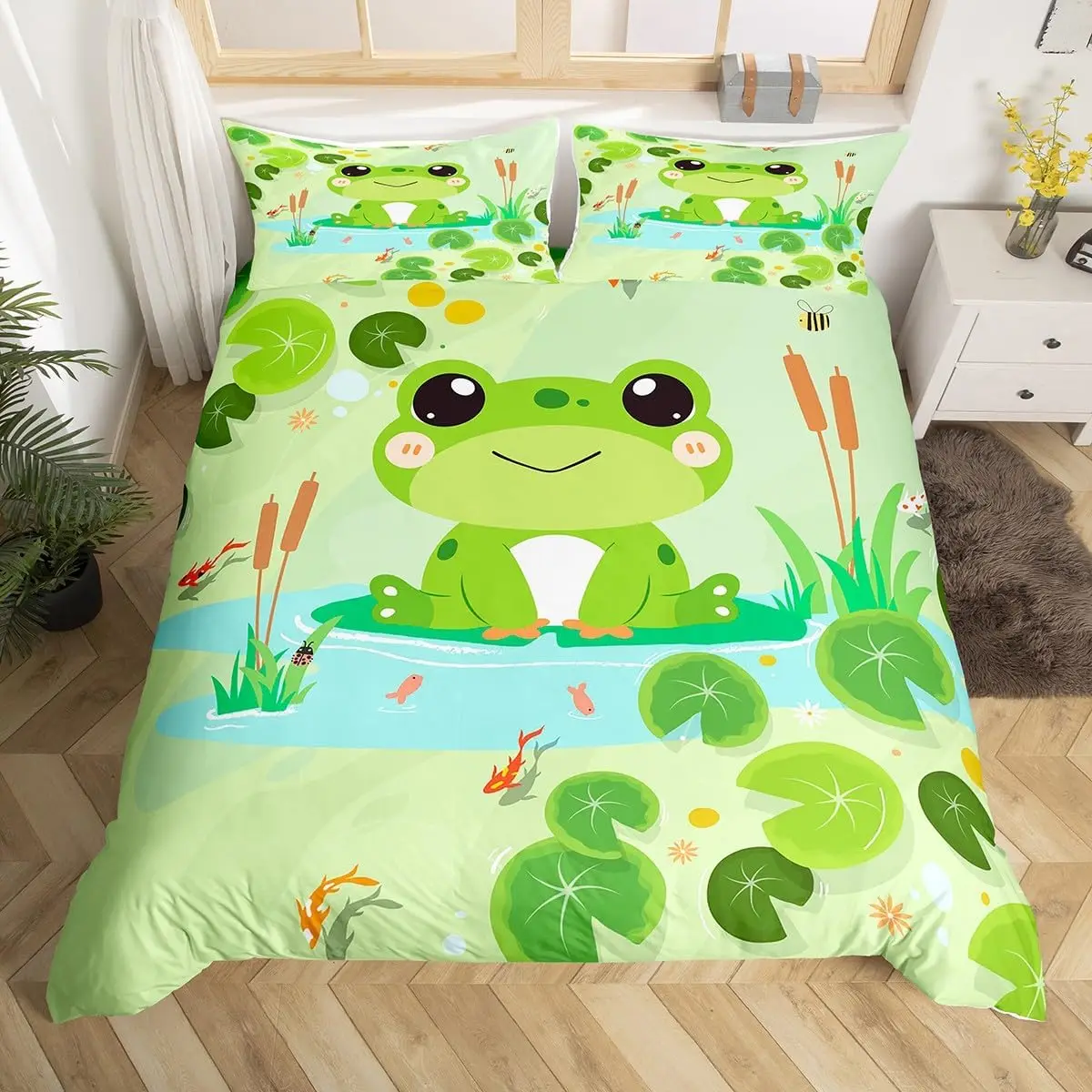 

Cute Frog Duvet Cover Full Queen,Cartoon Animals Theme Bedding Set Kawaii Frog Comforter Cover Watercolor Plants Quilt Cover