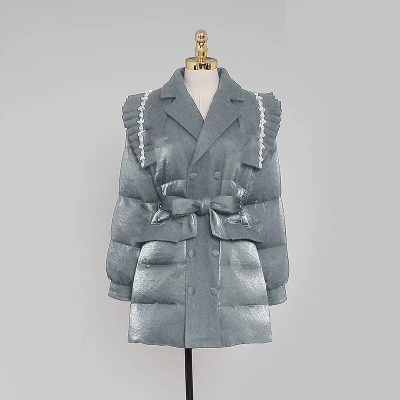 Winter women new gray Double-breasted diamond medium-length white duck down jacket fashion thickened jacket