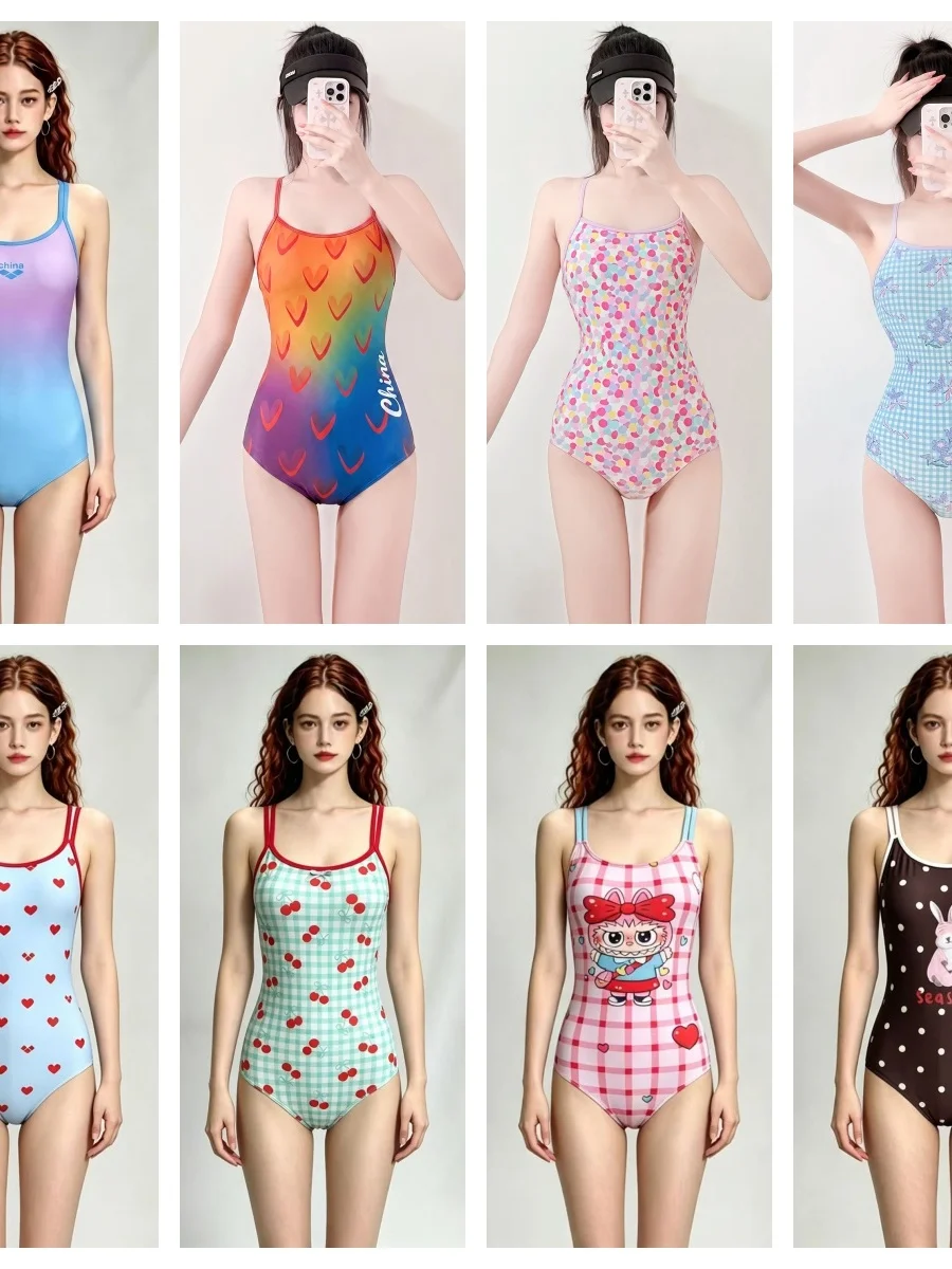 Dopamine Print One-Piece Triangular Swimsuit Women's Professional Racing Slimming Tight Fit Swimming Beginner's Suit