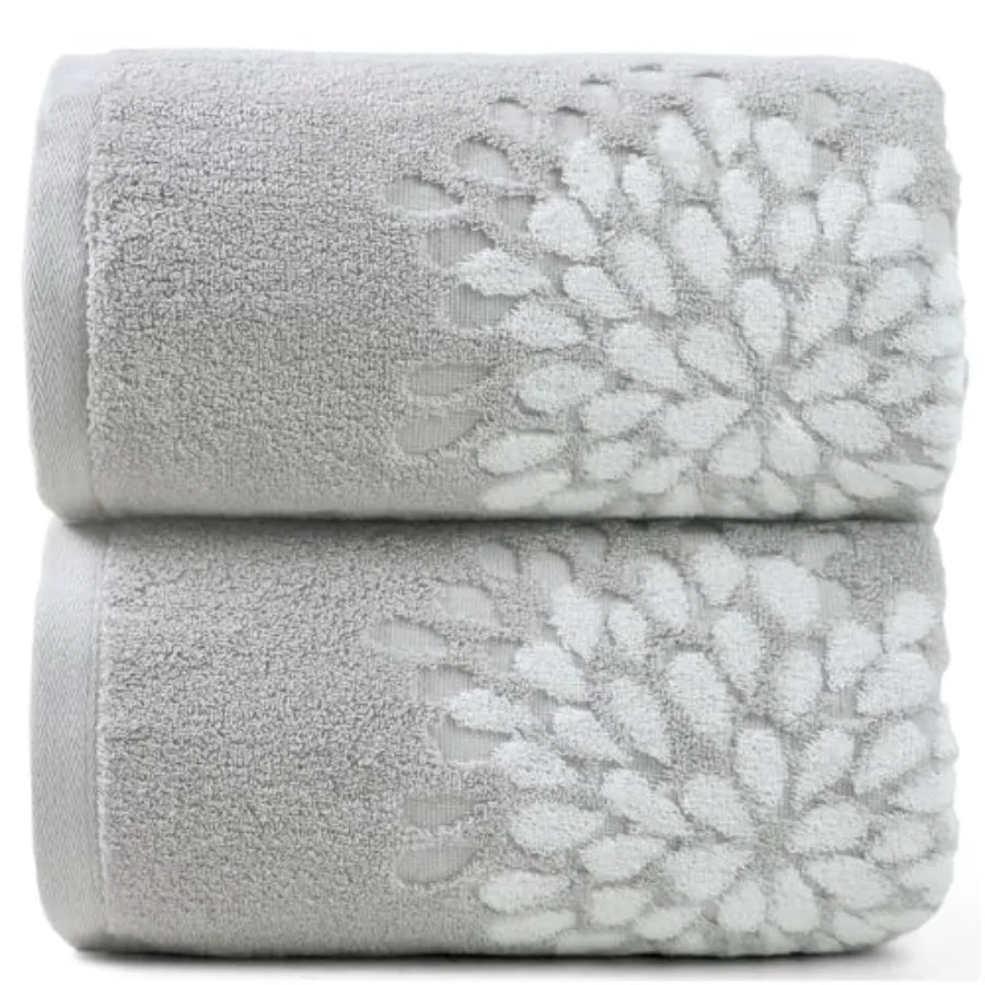 Cute Bath Towels Set of 2 - Large 55" x 28", Decorative Hydrangea Floral Jacquard, Guest Room and Bathroom Decor, Cotton