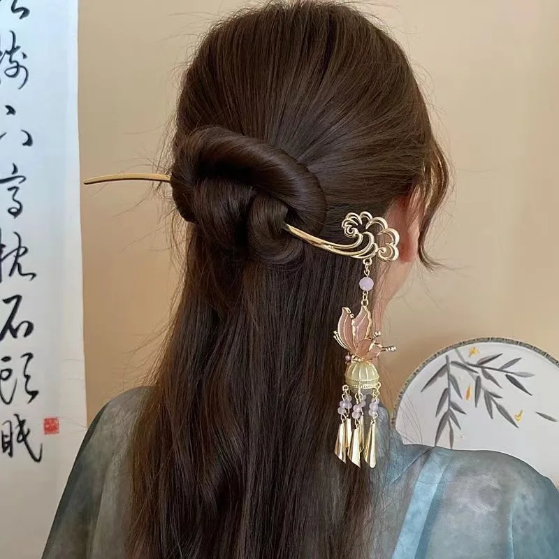Metal Chinese Style Hair Stick  Luminous Lantern Hair Chopsticks Hairpin Tassel Pearl Hair Clip Hair Accessories Headdress