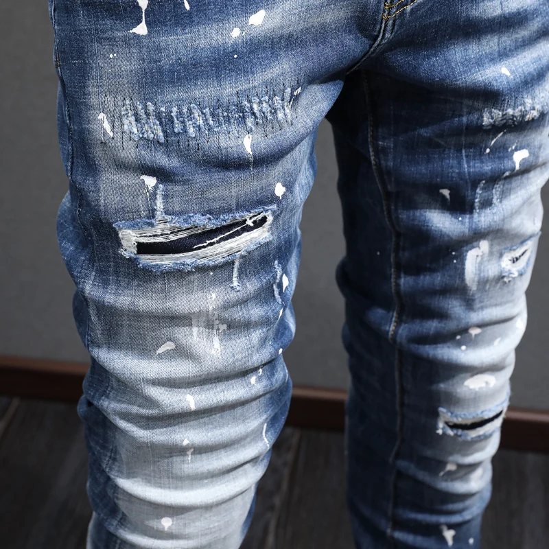 Fashion Trendy Vintage Men Jeans Retro Blue Elastic Stretch Skinny Painted Ripped Jeans Men Patched Designer Denim Pants hombre