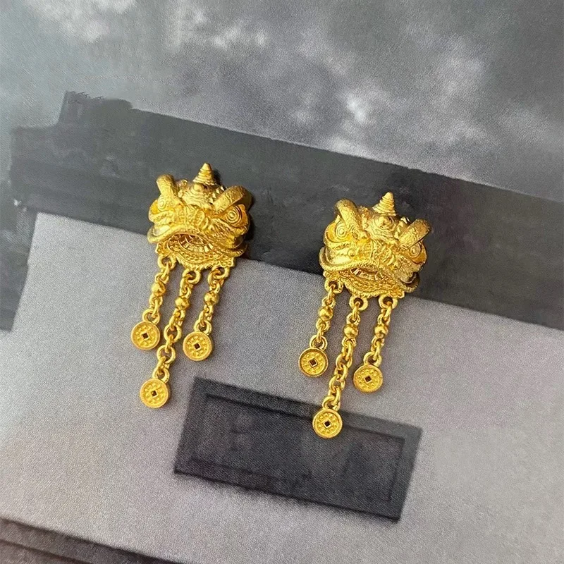 

Women's 24K Gold Lion Dance Tassel Earrings | Matte lion body, glossy tassels, enamel - detailed patterns, lively & imposing