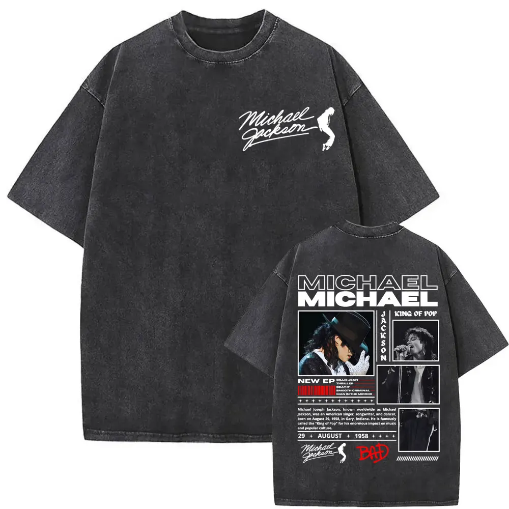 King of Pop Michael Jackson Bad Era Vintage Washed T-shirts Men Women Gothic Hip Hop Street T Shirts Cotton Casual Loose T-shirt