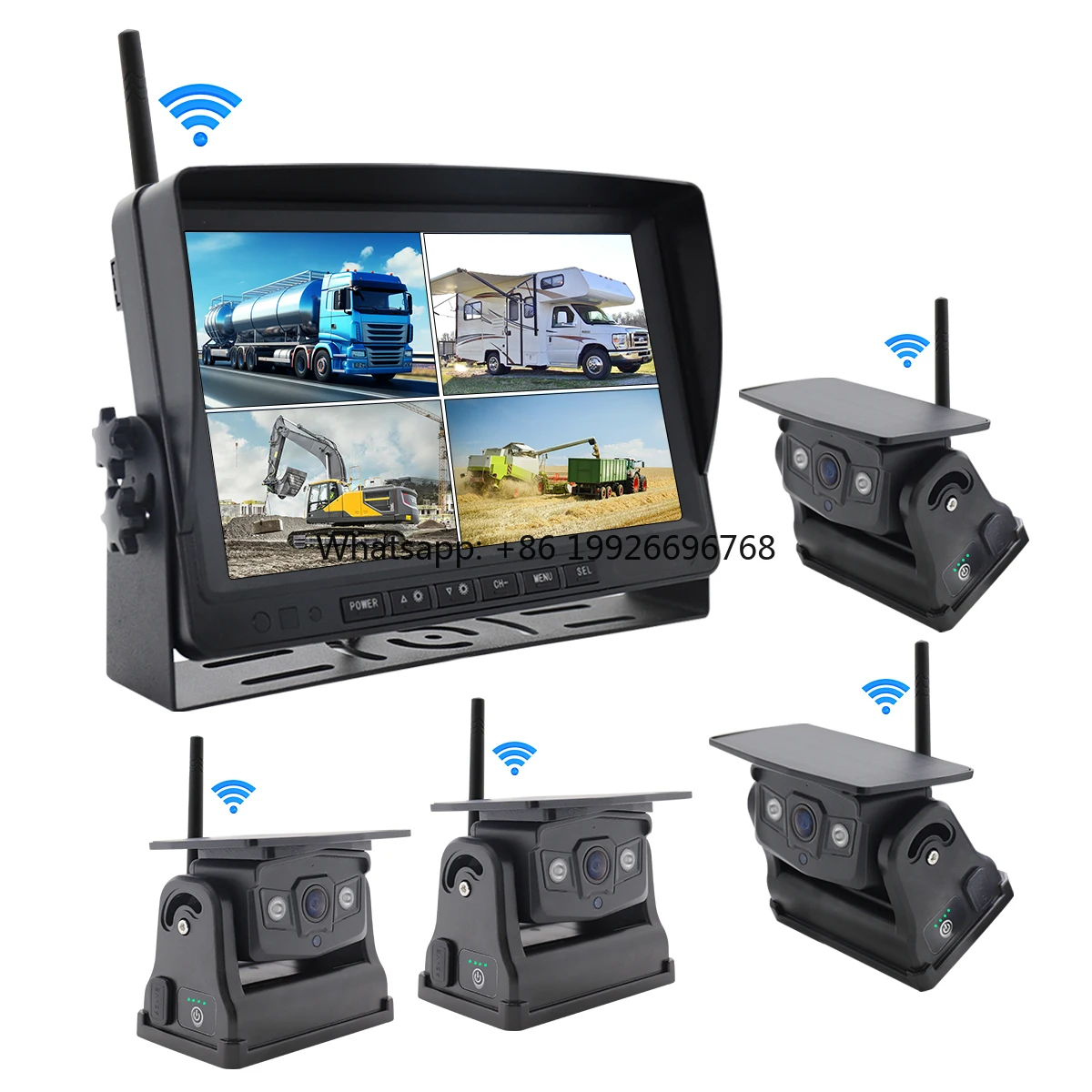 

7" QUAD DVR Monitor 4x Wireless Rechargeable Battery 9600mah Solar Magnetic Reversing Cameras Wireless Car Camera System