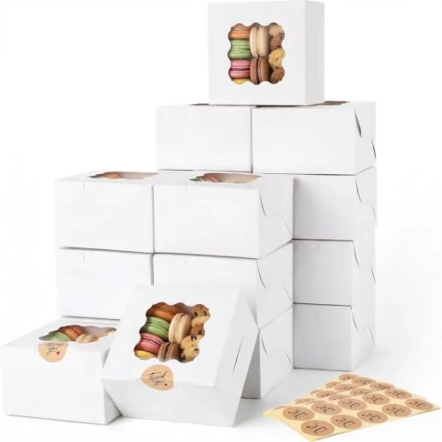Cookie Boxes 4x4x2.4 Inch White Bakery Boxes with Window, Mini Cake Containers with Window for Cookie, Pastry, Dessert, Chocola