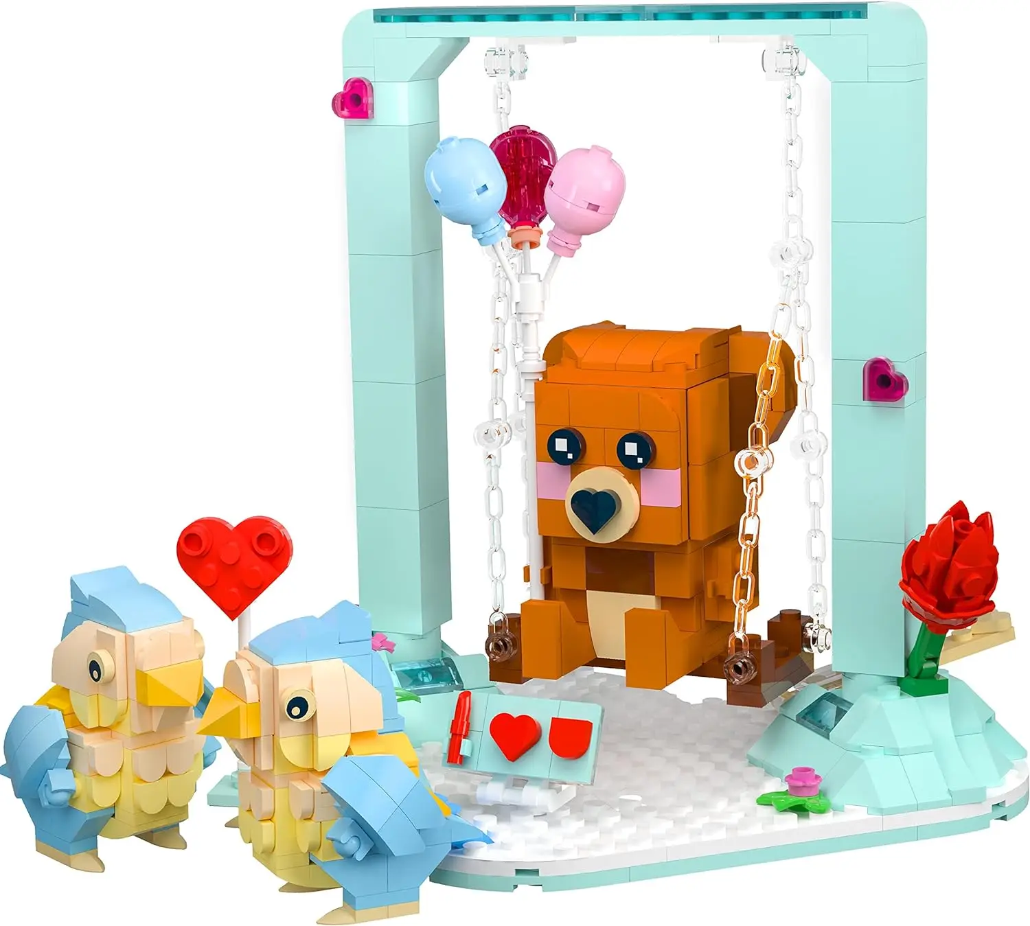 

Cute Love Birds and Brown Bear Building Sets, with Lovebirds/Swings Bear/Flower/Heart Arrow/I Love U Board, For Couples Gifts