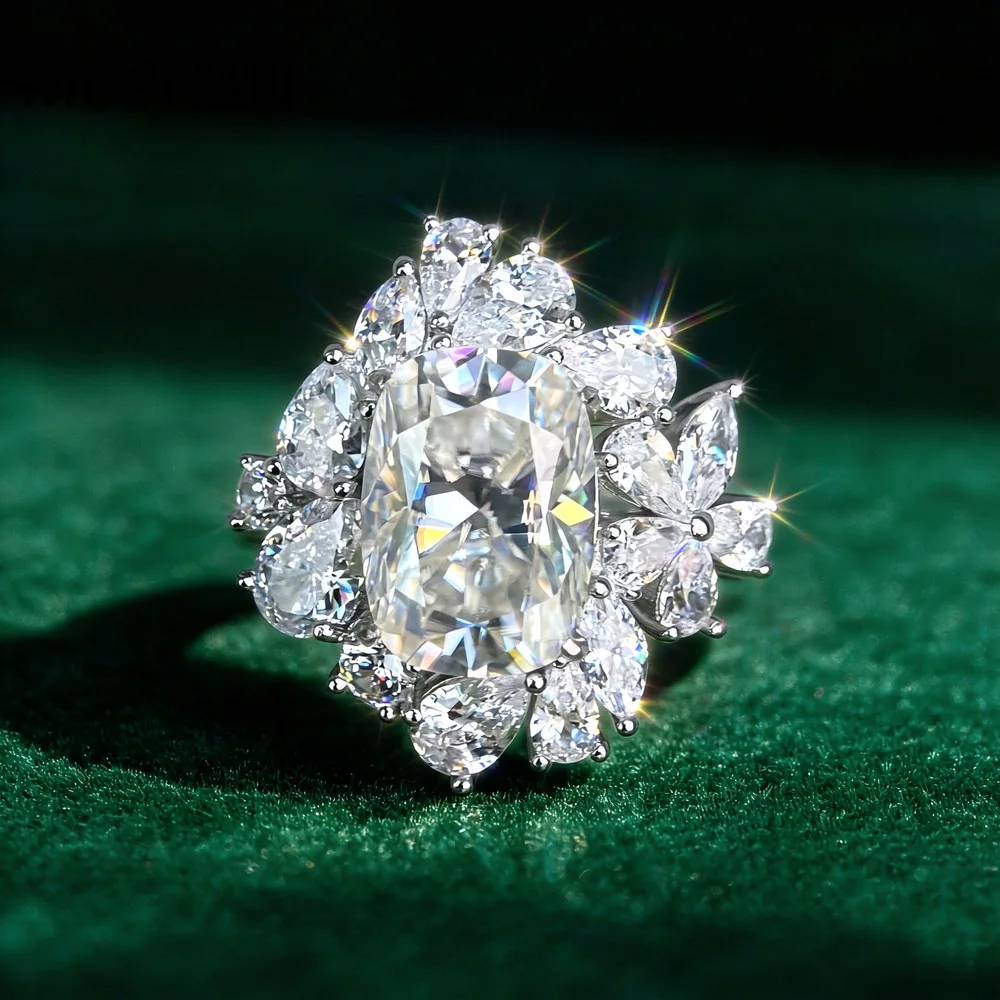 MUSHAN Luxury 10-carat long fat square 10 * 14 mozzarella diamond ring 925 silver exaggerated daisy shape large diamond ring