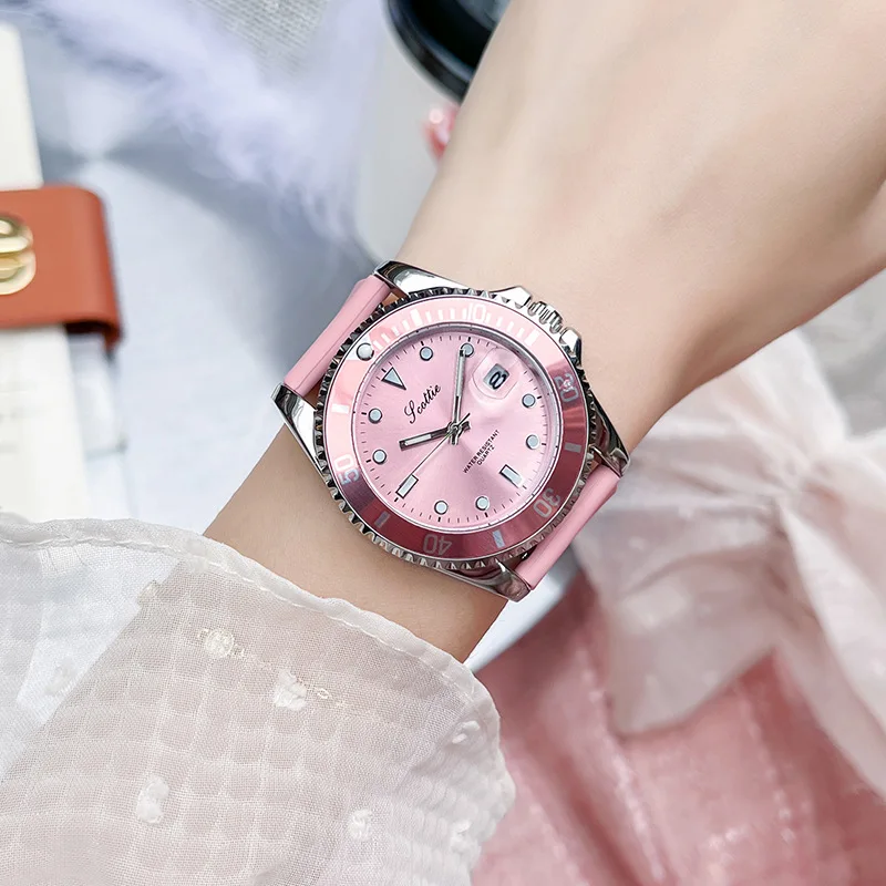 

New Stylish Large Dial Women'S Watch With Silicone StrapPink Color, CalendarSporty And Casual Style, A Perfect Gift For Women.