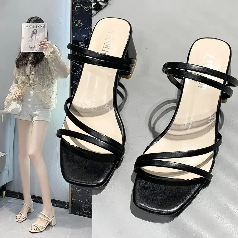 New Women Sandals Ladies Square Heels Elegant Summer Slippers Fashion Woman Sandals Fashion Low-heel Sandals for Women