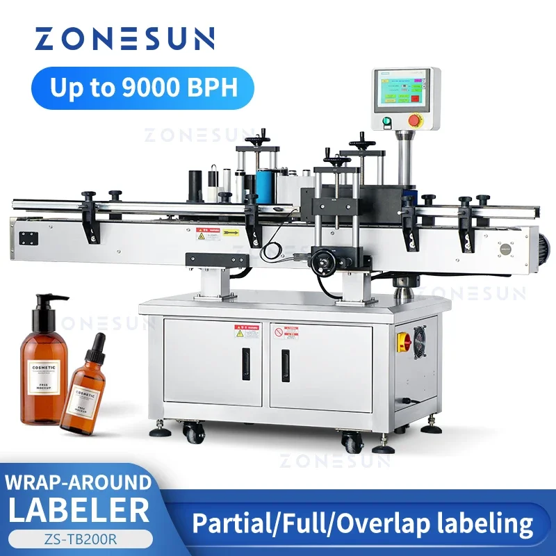 ZONESUN Automatische Wrap-Around-Etikettiermaschine, runde zylindrische Flasche, Fläschchen, Glas, Dosen, Getränke, Reinigungsmittel, Etikettiermaschine ZS-TB200R