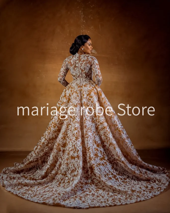 Dark Brown African Royal Bride Wedding Dresses with Detachable Train Sheer Mesh Long Sleeve Bridal Gown outfit customziedO