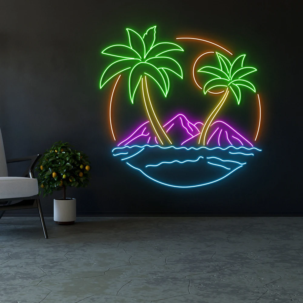 Tropical Palm Tree Mountain Neon Sign Custom Home Bar Wall Decor Palm Tree Sunset Neon Sign Summer Vacation Led Neon Lights