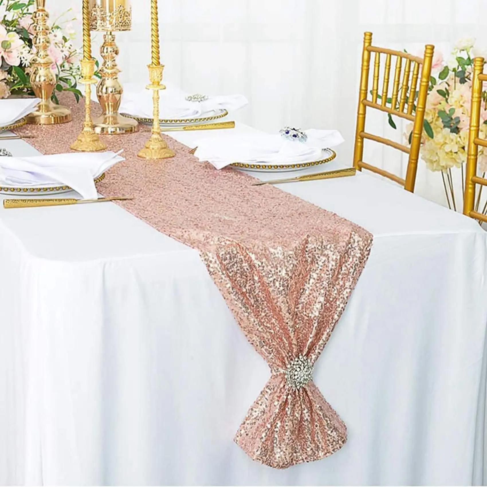 SEWS-2X Sparkly Rose Gold Sequin Table Runners 12X108 Inch Shimmer Table For Wedding Party Anniversary Birthday Table Cloth
