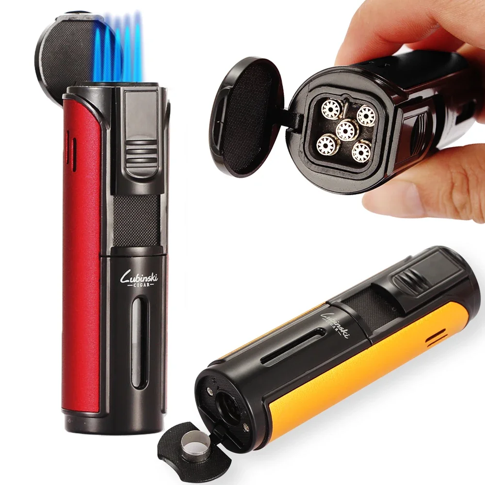 

Strip Shape Butane Gas Cigar Lighter Lubinski Windproof 5 Flame Jet Torch Lighter Pocket Metal Cigarette Briquet Cigar Accessory