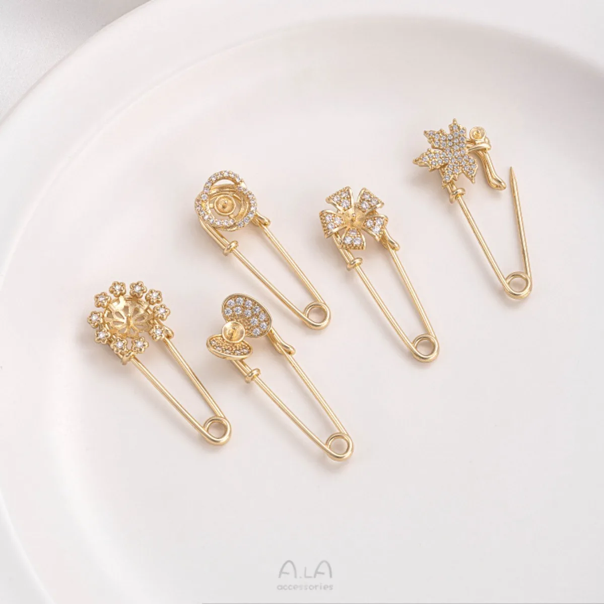 Brass Gold Plated Micro Zircon Snowflake Shell Flower Maple Half Hole Bead Cap Brooch DIY Pearl Pin Findings