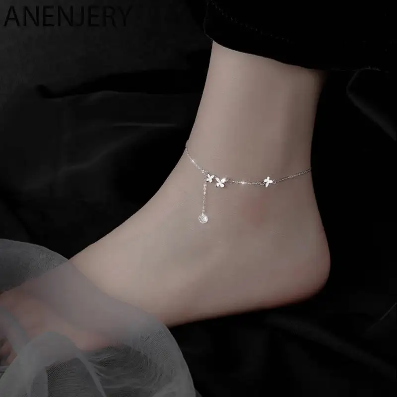 ANENJERY 실버 컬러 나비 발찌 여성용, 섬세한 지르콘 술 팔찌, 여름 주얼리