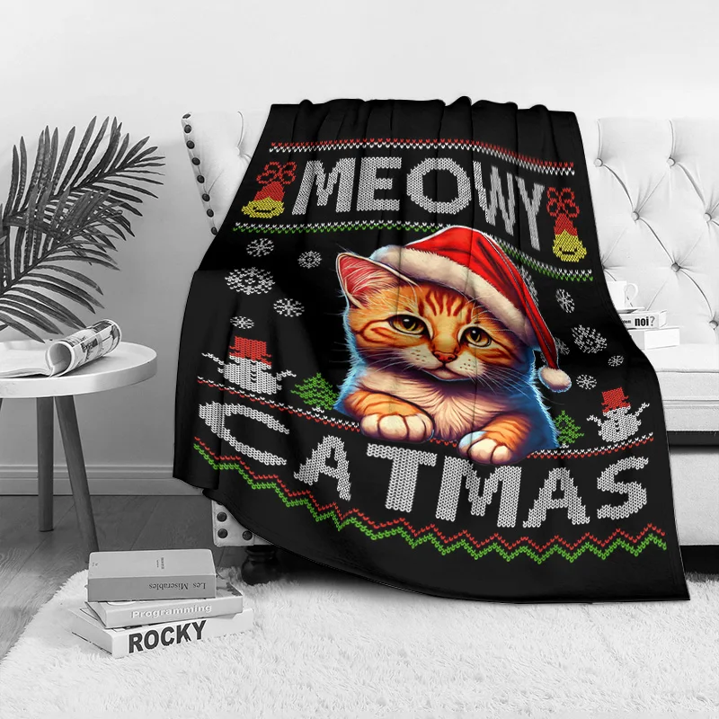 Meowy Catmas Fleece Blanket, Orange Tabby Cat in Santa Hat Design, Funny Christmas Pet Theme Throw for Animal Lovers Gift