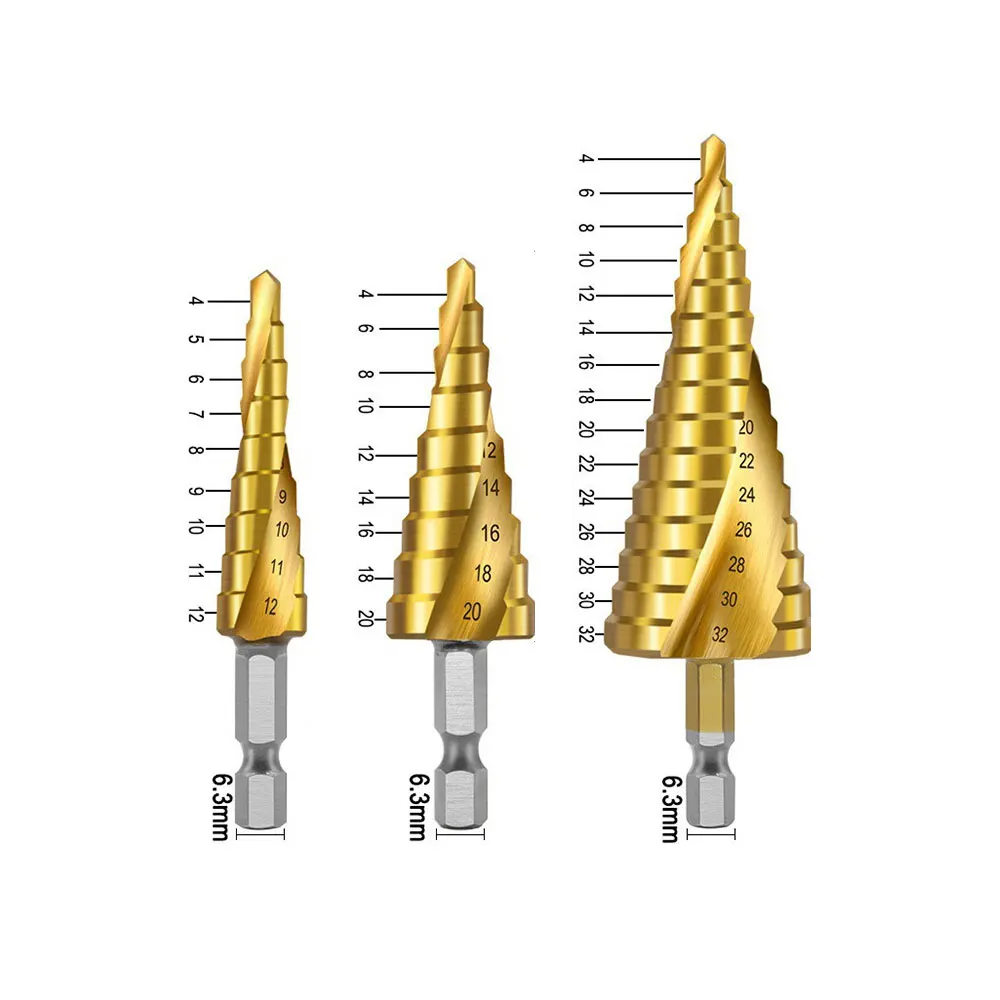 Binoax HSS Titanium Coated Step Drill Bit Set Metal Wood Hole Cutter Cone Drilling Tool 4-32mm 4-20mm 4-12mm