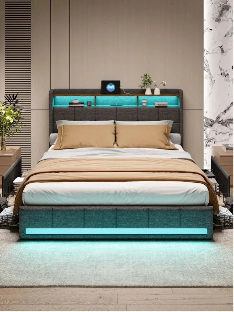 Gepolstertes Bett 140/160/180 x 200 cm/140 x 190 cm Doppelbett mit Metall-Lattenrost und 4 Schubladen, Gästebett, Bettgestell - Ohne Matratze, Beige/Grau