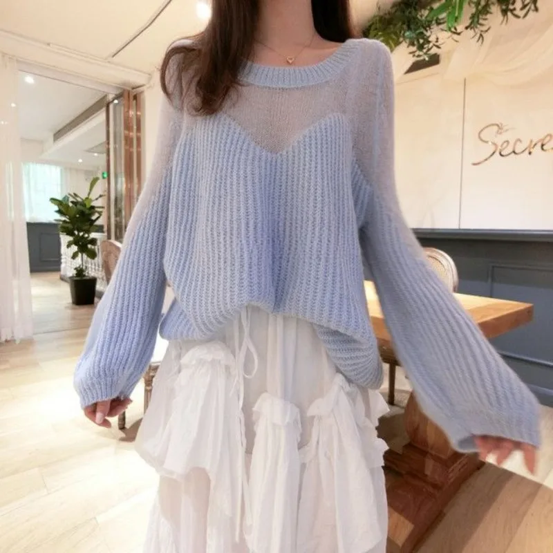 Knitted Sweaters for Women Loose Pink Coquette Round O Neck Splicing Female Pullover Offers Attractive Winter 2024 Long Sleeve