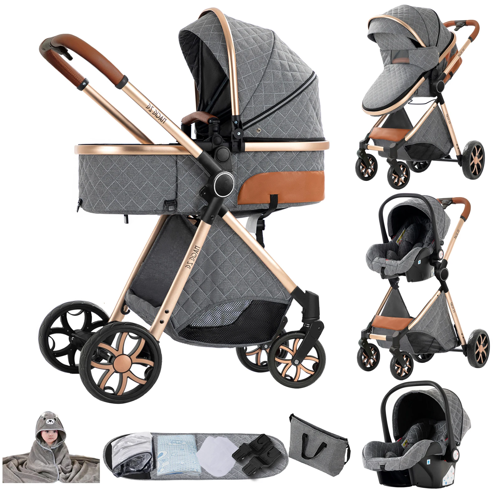 Magic ZC 3-in-1 Baby Reiswiegensysteem, Compacte Opvouwbare Kinderwagen met Reiswieg, Babyautostoeltje en Omkeerbare Zitting, Hoge Landschapswagen, Schokdemperwielen, Verstelbaar Handvat, Eénhands
